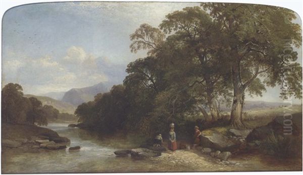 Children In A Welsh River Landscape Oil Painting by Henry John Boddington