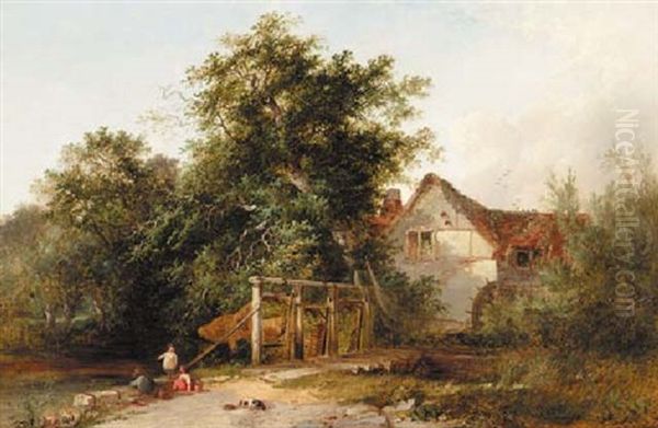 The Old Water Mill With Eel Nets Oil Painting by Henry John Boddington