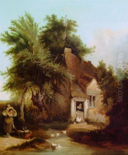 Figures Before A Cottage In A Wooded Landscape Oil Painting by Henry John Boddington