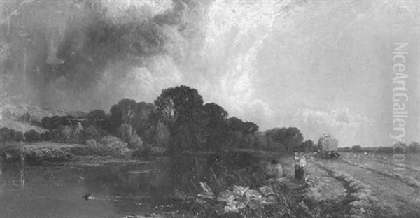 On The Banks Of The Thames, A Passing Shower Oil Painting by Henry John Boddington