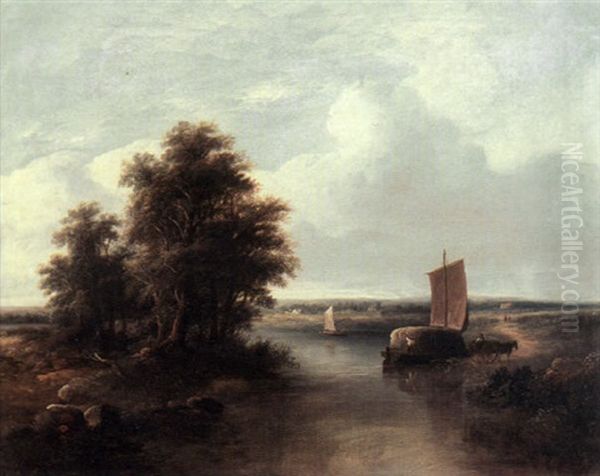 A River Landscape With A Haybarge And Figures On A Path In The Foreground Oil Painting by Henry John Boddington