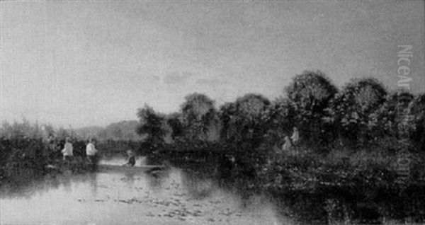 Children Fishing On A Lake Oil Painting by Henry John Boddington