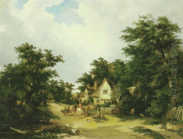 A Country Road With A Figure On Horseback And Others Gathered Around Outside A Cottage In The Foreground Oil Painting by Henry John Boddington