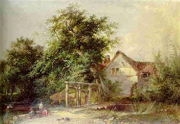 The Old Water Mill With Eel Nets Oil Painting by Henry John Boddington