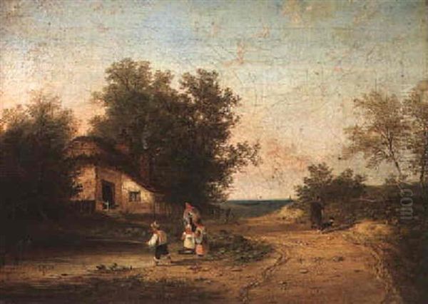 Figures By A Cottage With A Child Fishing In A Pond Oil Painting by Henry John Boddington