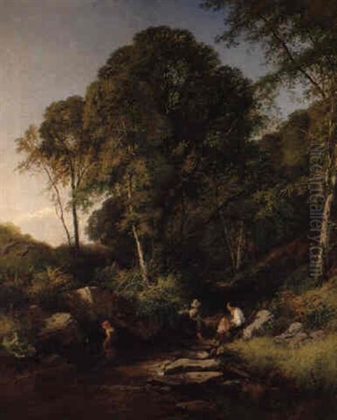 Figures By A Stream In A Woodland Glade Oil Painting by Henry John Boddington