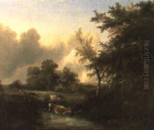 Cattle Watering Oil Painting by Henry John Boddington