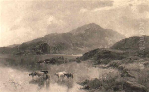 Cattle Watering In A Mountainous Landscape Oil Painting by Henry John Boddington