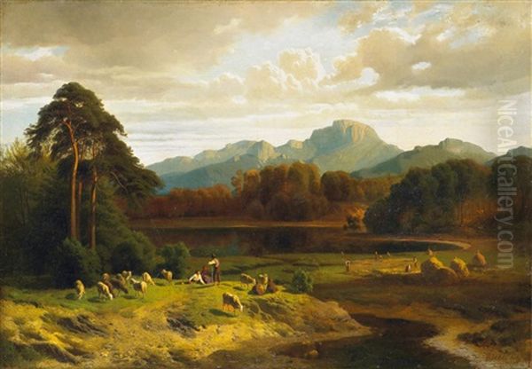 Abendliche Gebirgslandschaft Mit Schafern Und Bauern Bei Der Heuernte Oil Painting by Wilhelm Bode