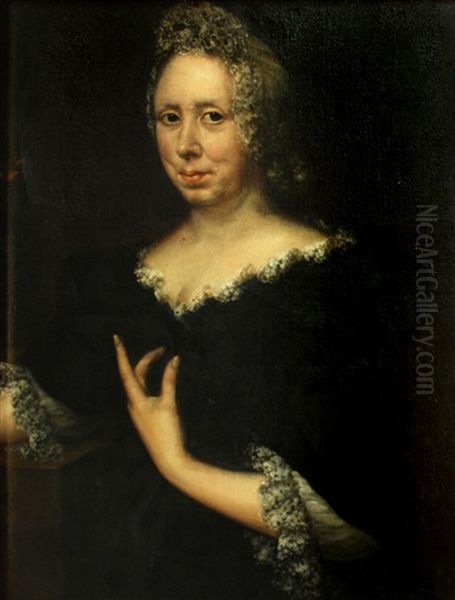 A Portrait Of A Lady, Half-length, Wearing A Black Dress Trimmed With Lace Oil Painting by Johann Friedrich Bodecker