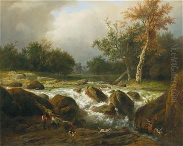 Hunters At A Creek Oil Painting by Willem Bodemann