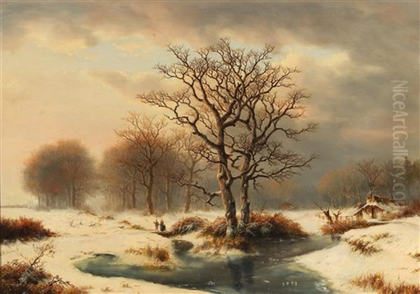 Winter Landscape With Brushwood Gatherer Oil Painting by Willem Bodemann