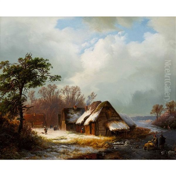 Winterlandschaft Mit Reetdach-hausern Und Vereistem Fluss Oil Painting by Willem Bodemann