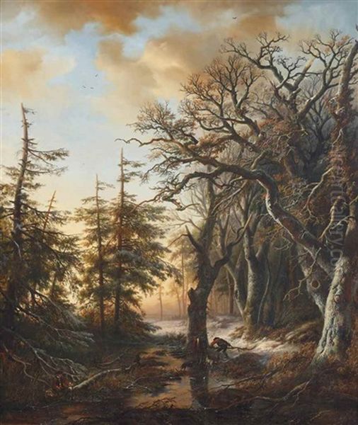 Two Hunters Along A Frozen Stream In A Forest Oil Painting by Willem Bodemann