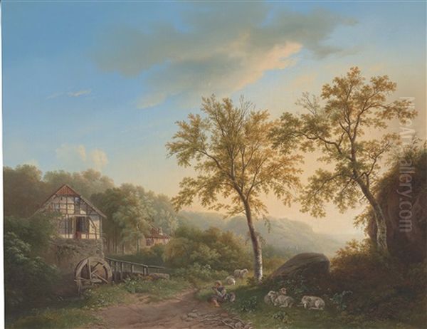 A Hilly Landscape With A Watermill And A Shepherd Boy And His Flock Oil Painting by Willem Bodemann