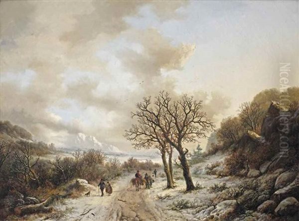 A Sunlit Winter Landscape With Travellers On A Path Near Chambery, France Oil Painting by Willem Bodemann