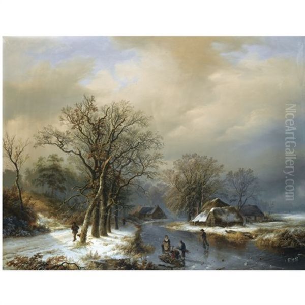 A Winter Landscape With Woodgatherers On The Ice Oil Painting by Willem Bodemann