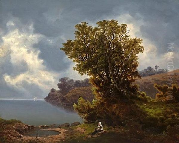 Two Figures Seated Under A Tree, A Storm Approaching Beyond Oil Painting by Willem Bodemann