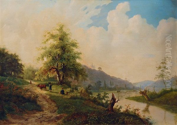 River Landscape In Summer Oil Painting by Willem Bodemann