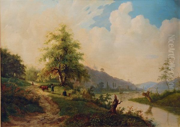 Summerly River Landscape Oil Painting by Willem Bodemann