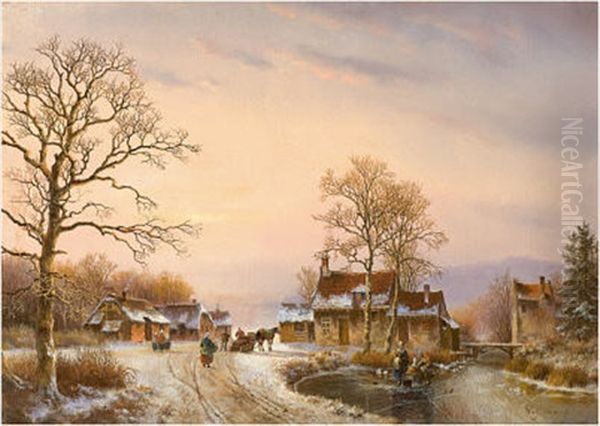 In Stimmungsvoller Abenddammerung Eine Verschneite Dorfstrase Mit Gefrorenem Weiher Oil Painting by Willem Bodemann