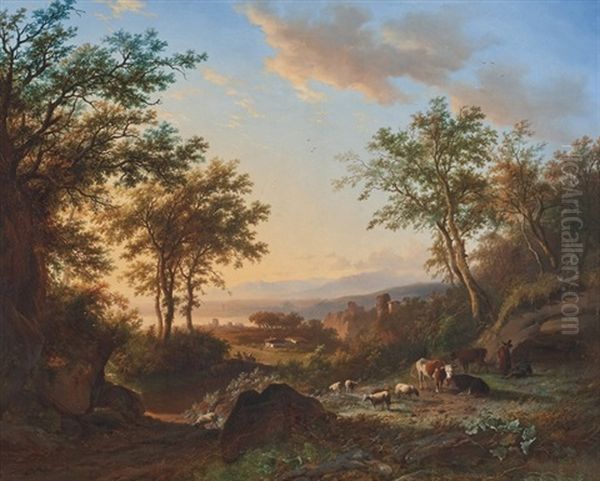 An Extensive Landscape With Cattle Oil Painting by Willem Bodemann