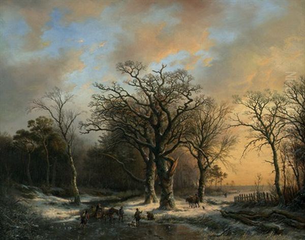 Romantische Winterlandschaft Mit Grosen Eichen Und Bauern Auf Einem Gefrorenen Teich Oil Painting by Willem Bodemann