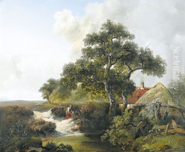 Landschaft Mit Bauernhaus, Staffage Und Teich Oil Painting by Willem Bodemann