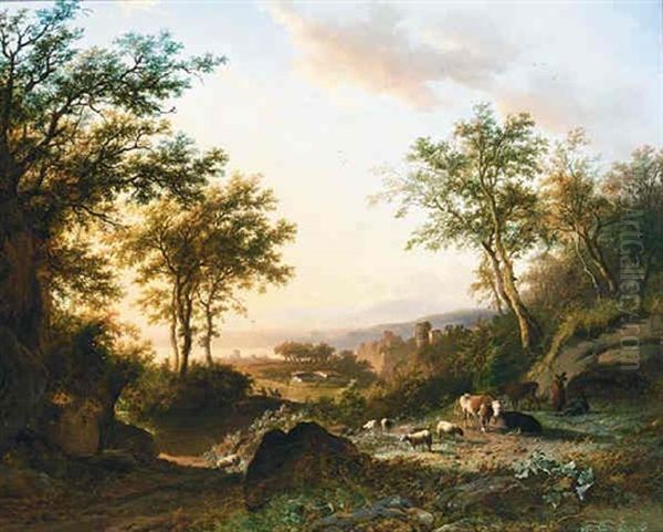 A Panoramic Landscape With Cattle And Herdsmen Resting Oil Painting by Willem Bodemann