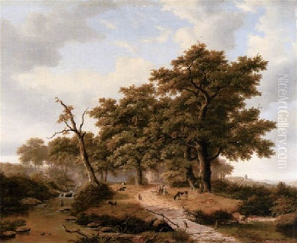 Sommerliche, Bewaldete Fluslandschaft Mit Hirte Und Vieh Oil Painting by Willem Bodemann