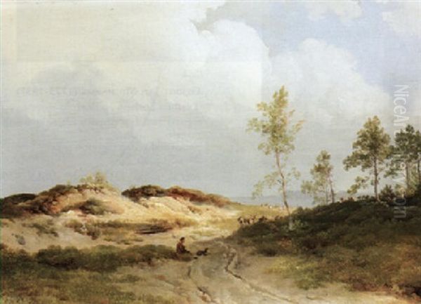 A Shepherd And His Flock In A Dune Landscape Oil Painting by Willem Bodemann