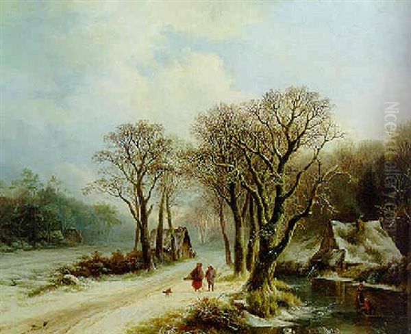 Travellers On A Path In A Winter Forest Oil Painting by Willem Bodemann