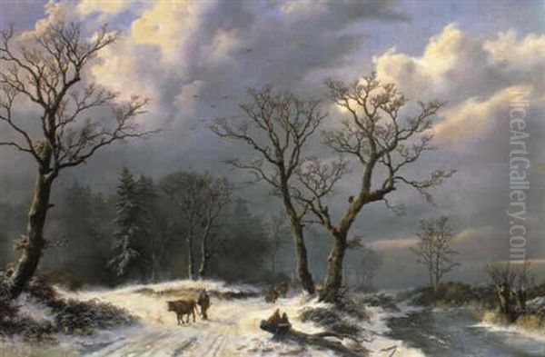 Figures In A Winter Landscape Oil Painting by Willem Bodemann