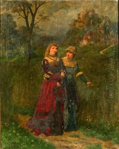 Two Women Before A Hillside Castle Oil Painting by Friedrich Bodenmuller