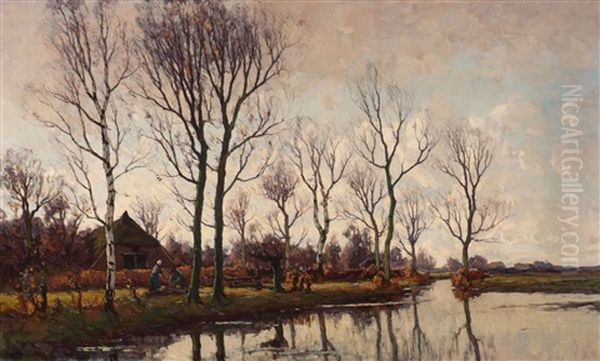 The Gathering Of Birch Wood By The Waterside Oil Painting by Paul Bodifee