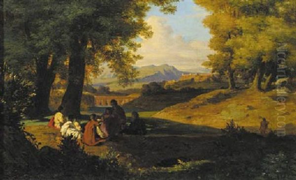 An Italianate Panoramic Landscape With Figures Sitting Under A Tree by Guillaume Bodinier