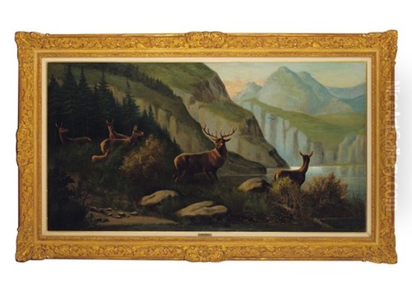 Deer Beside The Lake In Mountain Oil Painting by Karl Bodmer