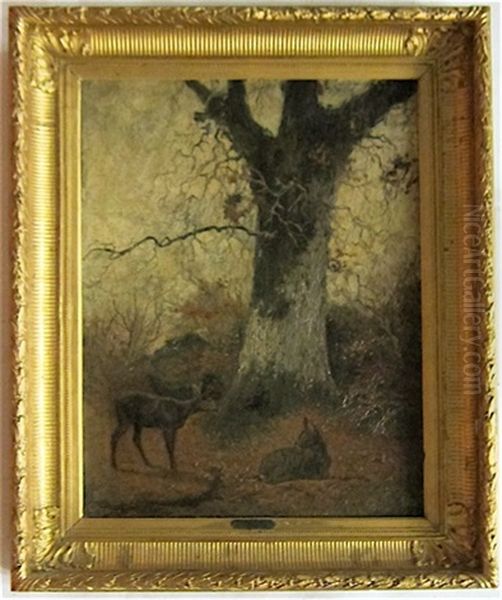 Deer Near The Big Oak, A Barbizon Style Painting Oil Painting by Karl Bodmer