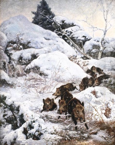 Sangliers Dans La Neige Oil Painting by Karl Bodmer