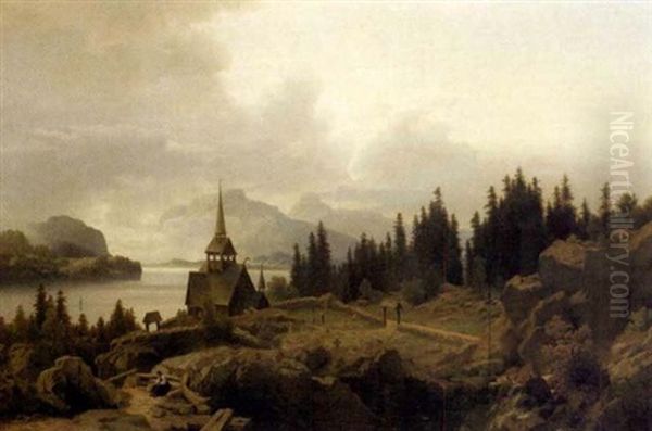 Stavkirke Ved Fjord Oil Painting by Erik Bodom