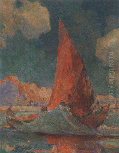 Harbor Scene Oil Painting by William P. Bodwell