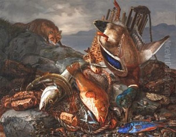 Stilleben Med Fisk Og And Oil Painting by Frants Diderik Boe