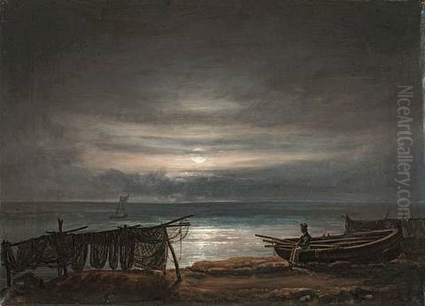 Ostseestrand Bei Vollmond Oil Painting by Johann Friedrich Boeck