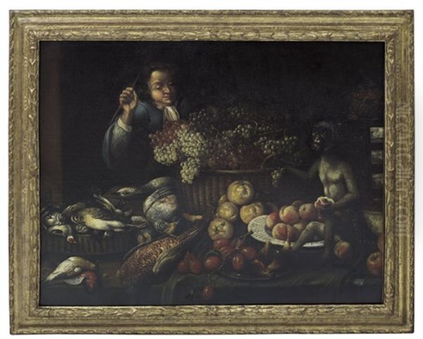 Natura Morta Con Frutta, Figura E Scimmia Oil Painting by Peter van Boeckel