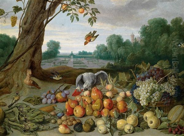 Ein Stillleben Von Apfeln, Birnen, Quitten, Trauben, Pflaumen, Beeren, Feigen, Melone, Nussen Und Artischocken Mit Einem Graupapagei, Einem Wiedehopf Und Singvogeln Vor Einem Formalen Garten Oil Painting by Peter van Boeckel