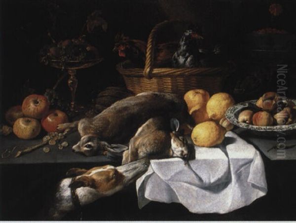 Nature Morte Aux Fruits, Poules Dans Un Panier Et Gibier Oil Painting by Peter van Boeckel