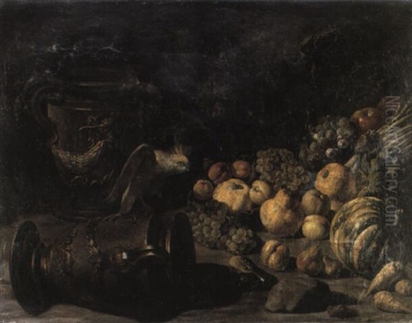 Deux Urnes, Une Perruche, Une Pasteque, Et D'autres Fruits Et Legumes Oil Painting by Peter van Boeckel