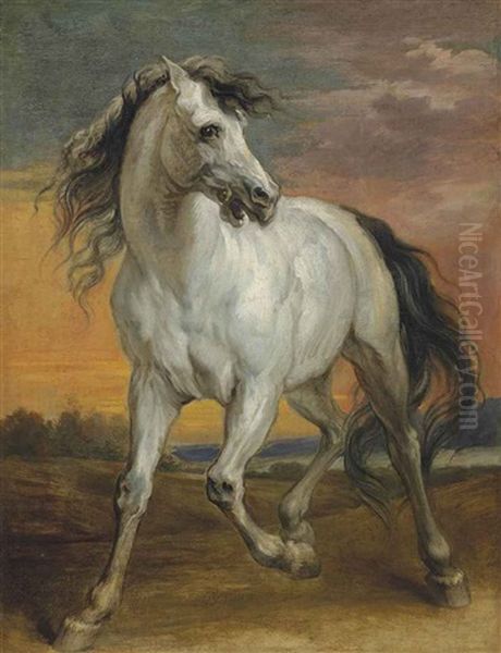 A Grey Stallion In A Landscape Oil Painting by Jan Boeckhorst