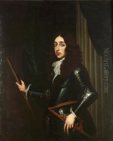 Portrait Of Henry, Duke Of Gloucester, Standing Three-quarter-length, In Armour With A Lace Jabot, Holding A Baton, Before A Draped Column Oil Painting by Jan Boeckhorst