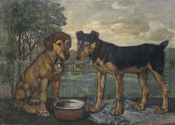 Zwei Hunde Vor Landschaftshintergrund Oil Painting by Fritz Boehle